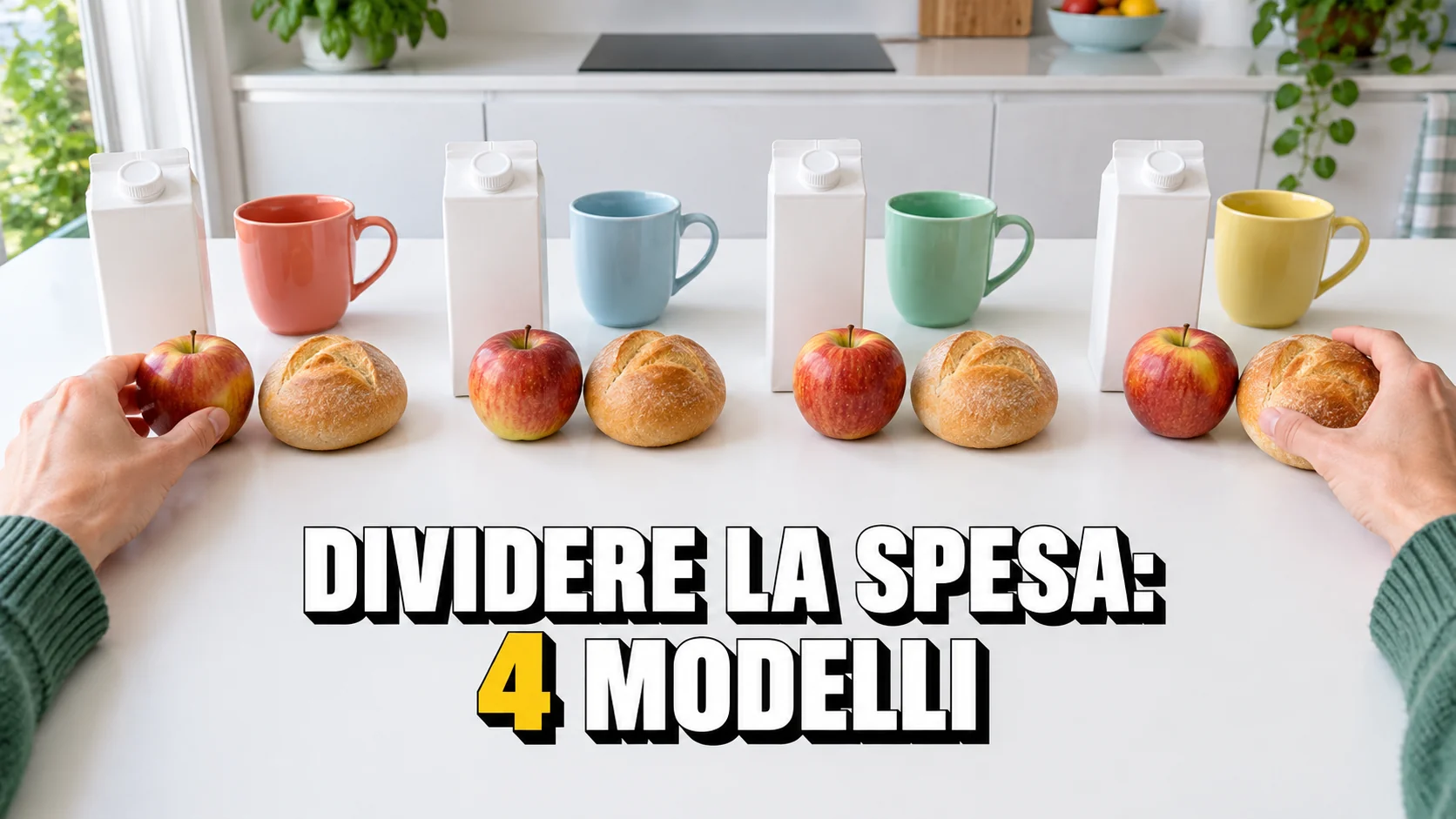 Due mani dividono la spesa in quattro gruppi su un tavolo chiaro, con quattro tazze colorate.