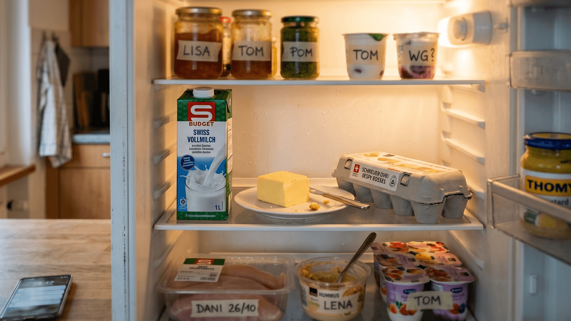 Una cucina di coabitazione a Zurigo con una lista della spesa condivisa sul frigo e una notifica di divisione TWINT su un telefono