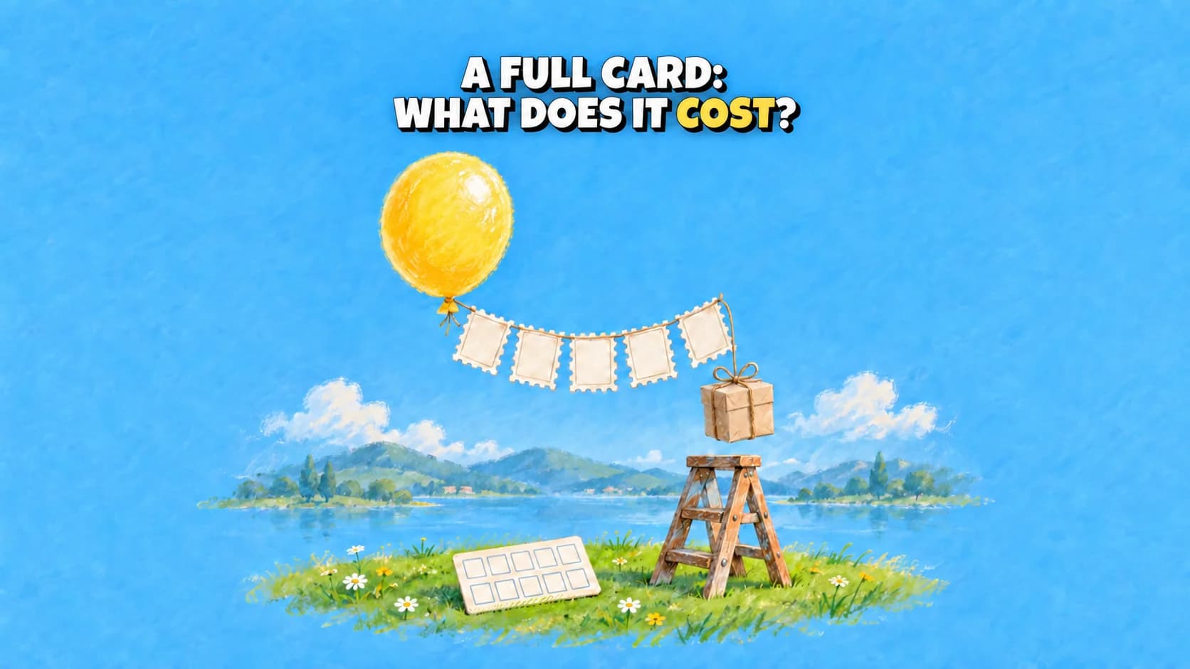 Pastel of a yellow balloon with blank cards and a gift above a ladder.