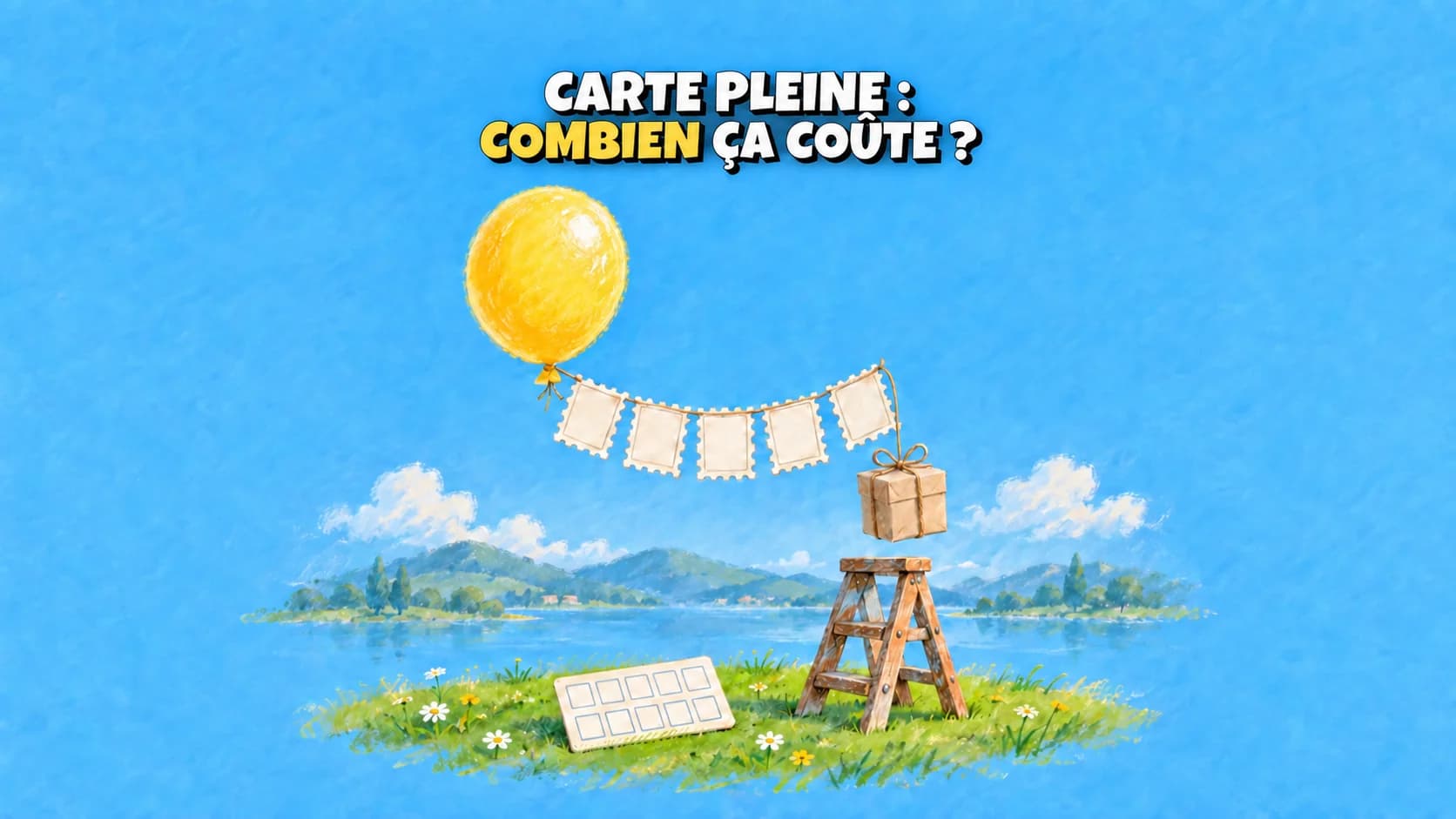 Ballon jaune avec cartes vierges et cadeau au-dessus d’une échelle, au pastel.