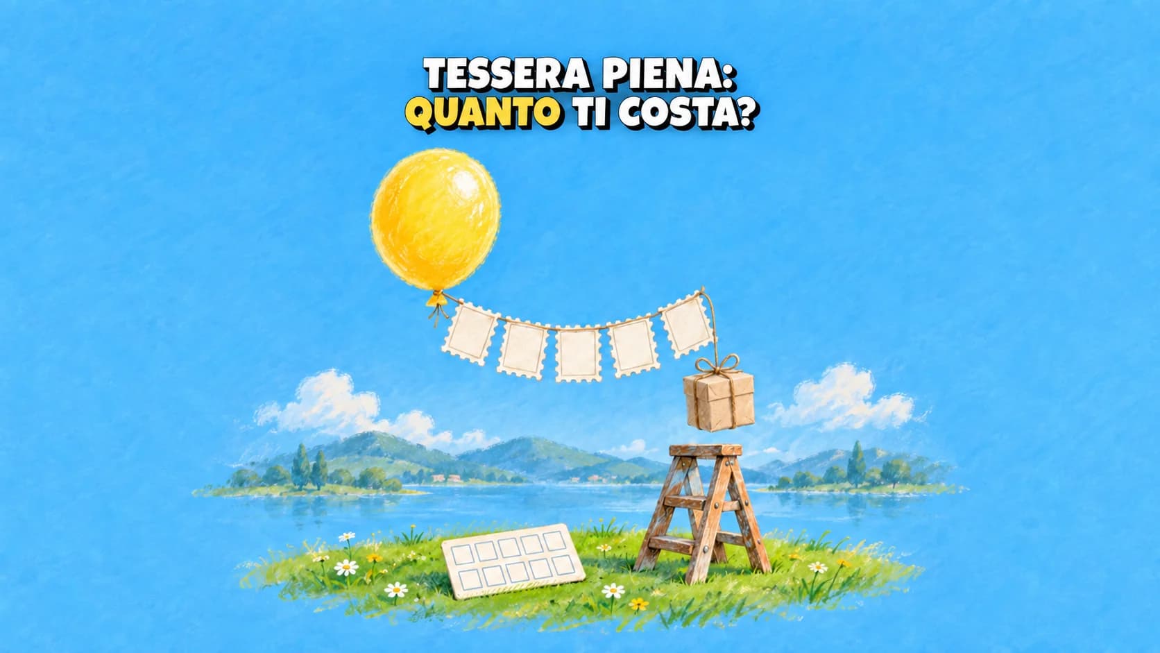 Palloncino giallo con tessere vuote e regalo sopra una scala, a pastello.
