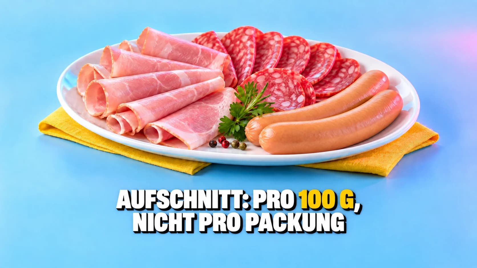 Aufschnittplatte mit Schinken, Salami und Würsten unter rosa und cyanfarbenem Licht.