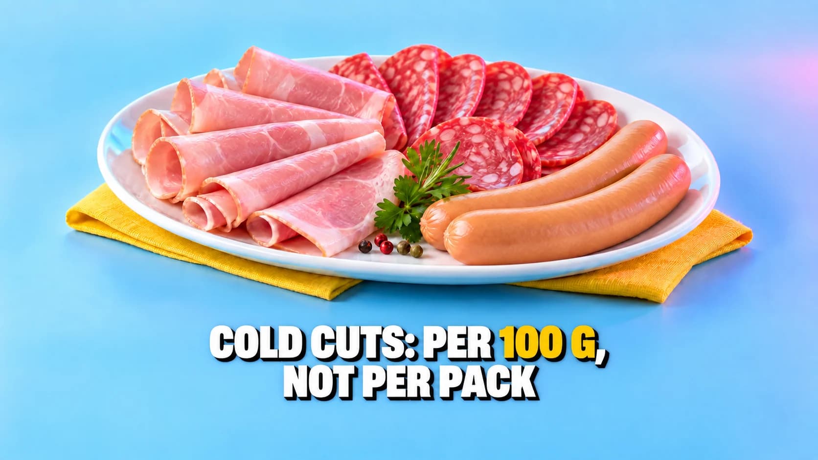 A platter of ham, salami and sausages under pink and cyan lighting.