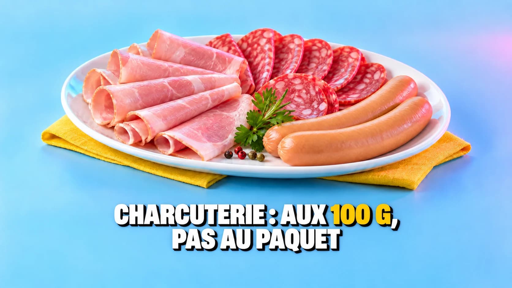 Un plateau de jambon, salami et saucisses sous des lumières roses et cyan.