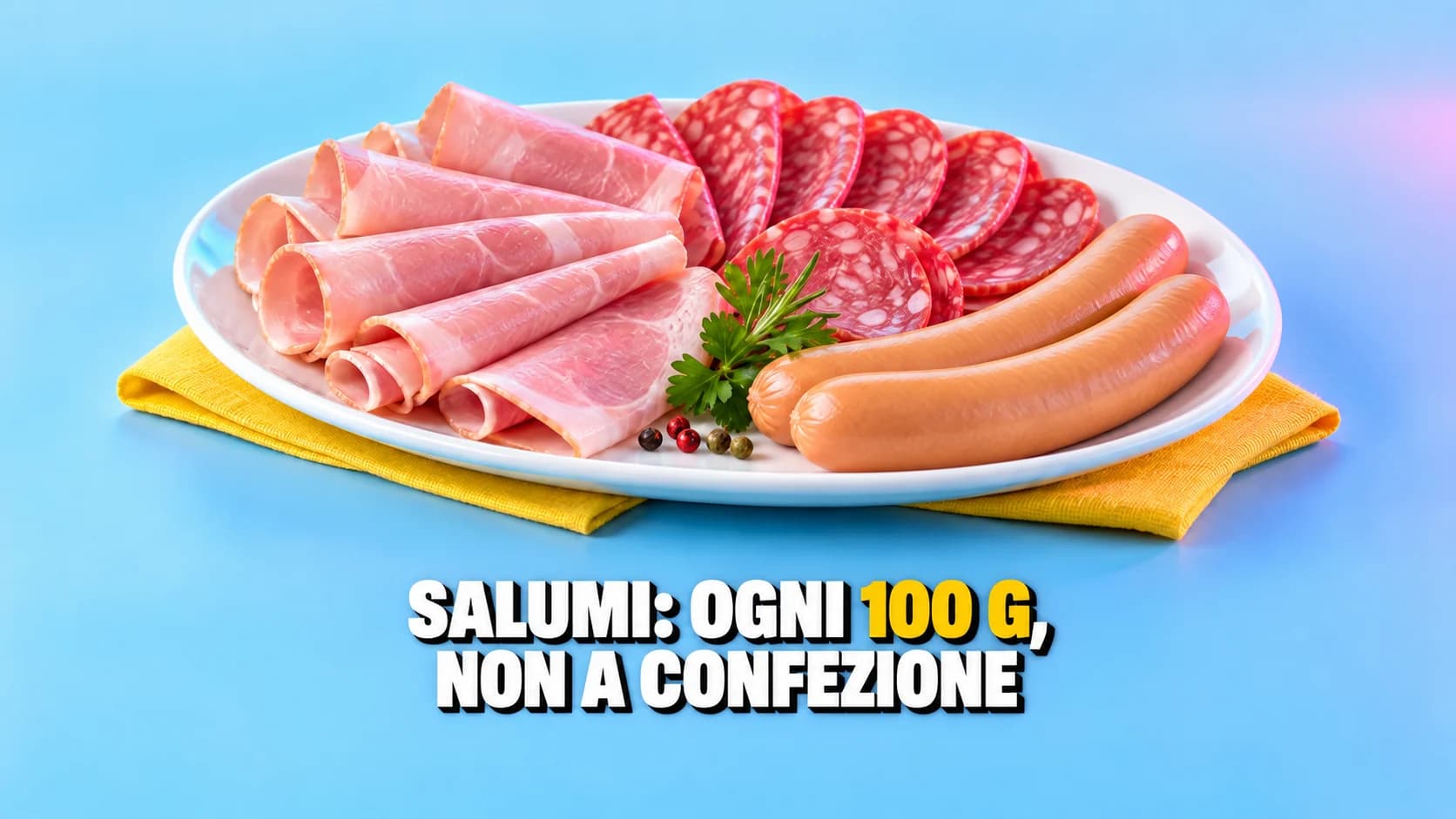Piatto di prosciutto, salame e salsicce senza marchi, illuminato da luci rosa e ciano.