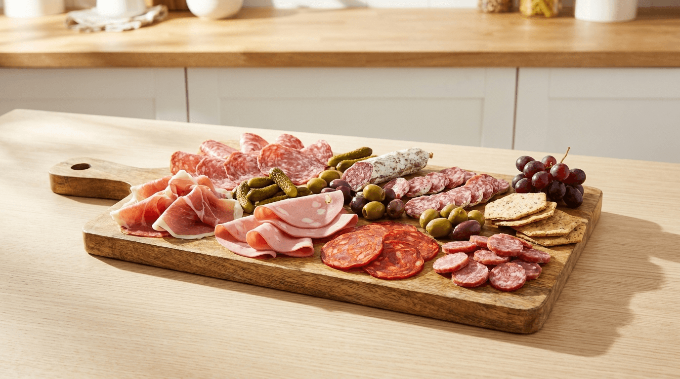 Charcuterie dans un supermarché suisse : cervelas, wienerli, salami et jambon avec prix aux 100 grammes