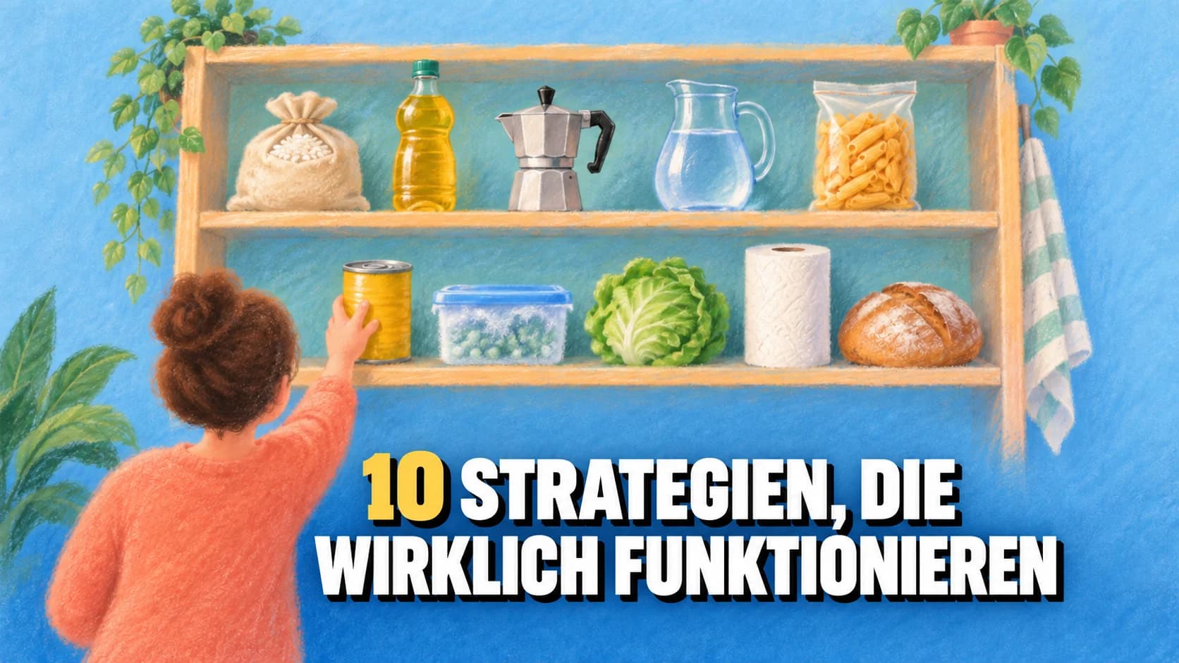 Pastellillustration auf hellblauem Papier: ein Vorratsregal mit zehn Dingen in einer Reihe und einer Figur von hinten.