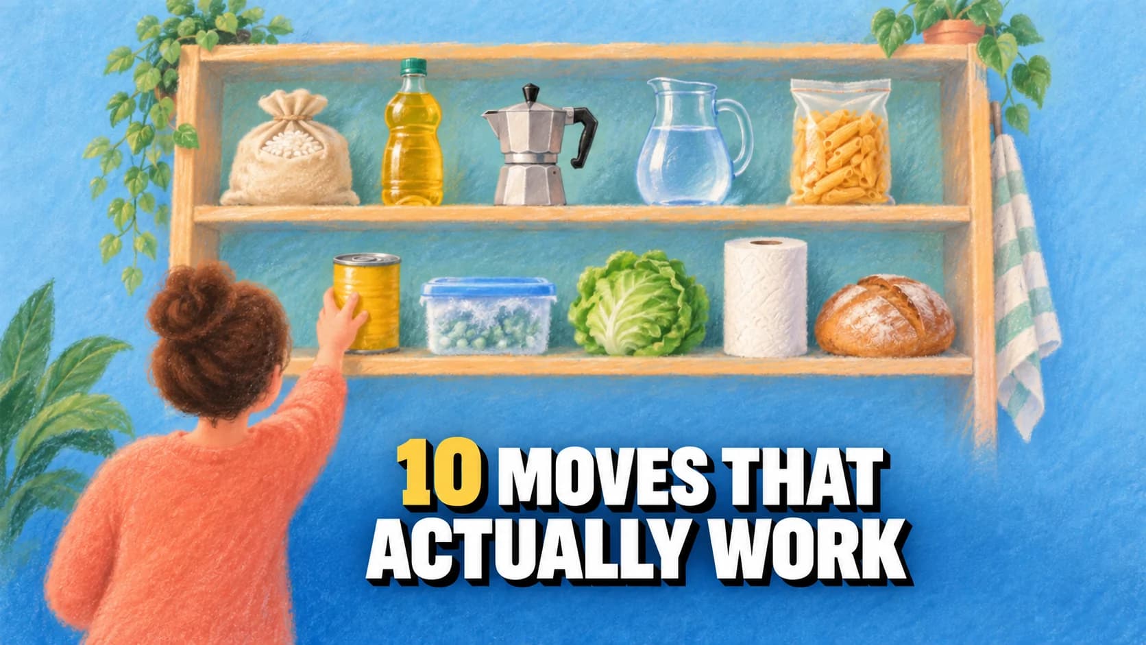 A chalk-pastel illustration on blue paper with a pantry shelf of ten items in a row and a figure seen from behind.
