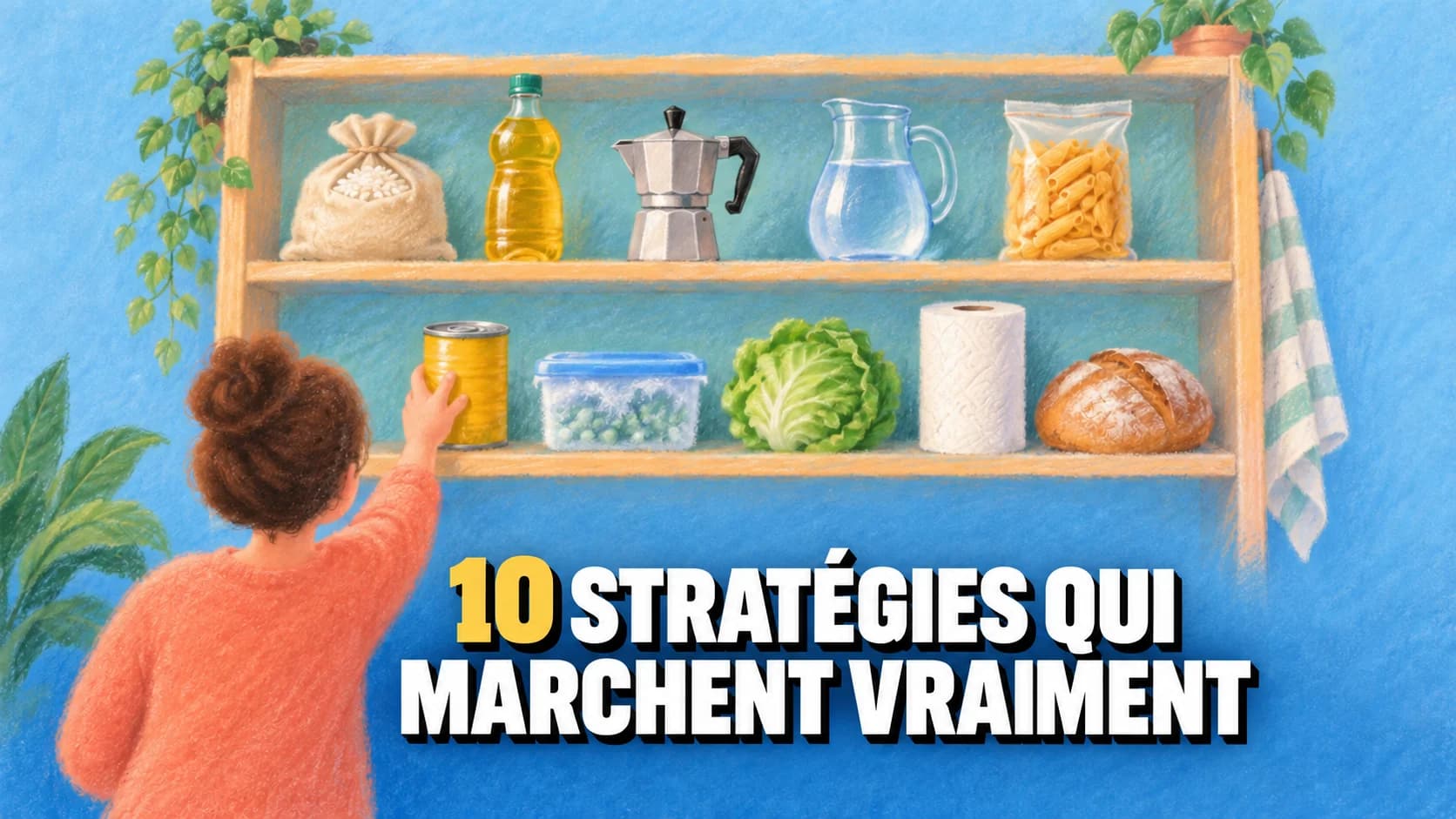 Illustration au pastel sur papier bleu : une étagère de provisions portant dix articles alignés et une silhouette de dos.