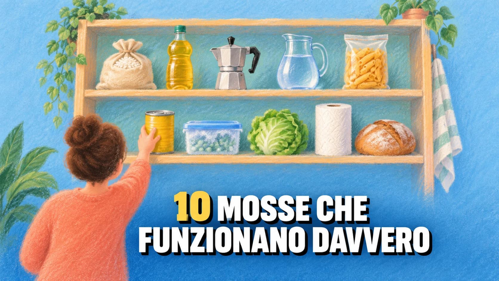 Illustrazione a pastello su carta azzurra: una dispensa con dieci prodotti in fila e una figura di spalle che ne prende uno.