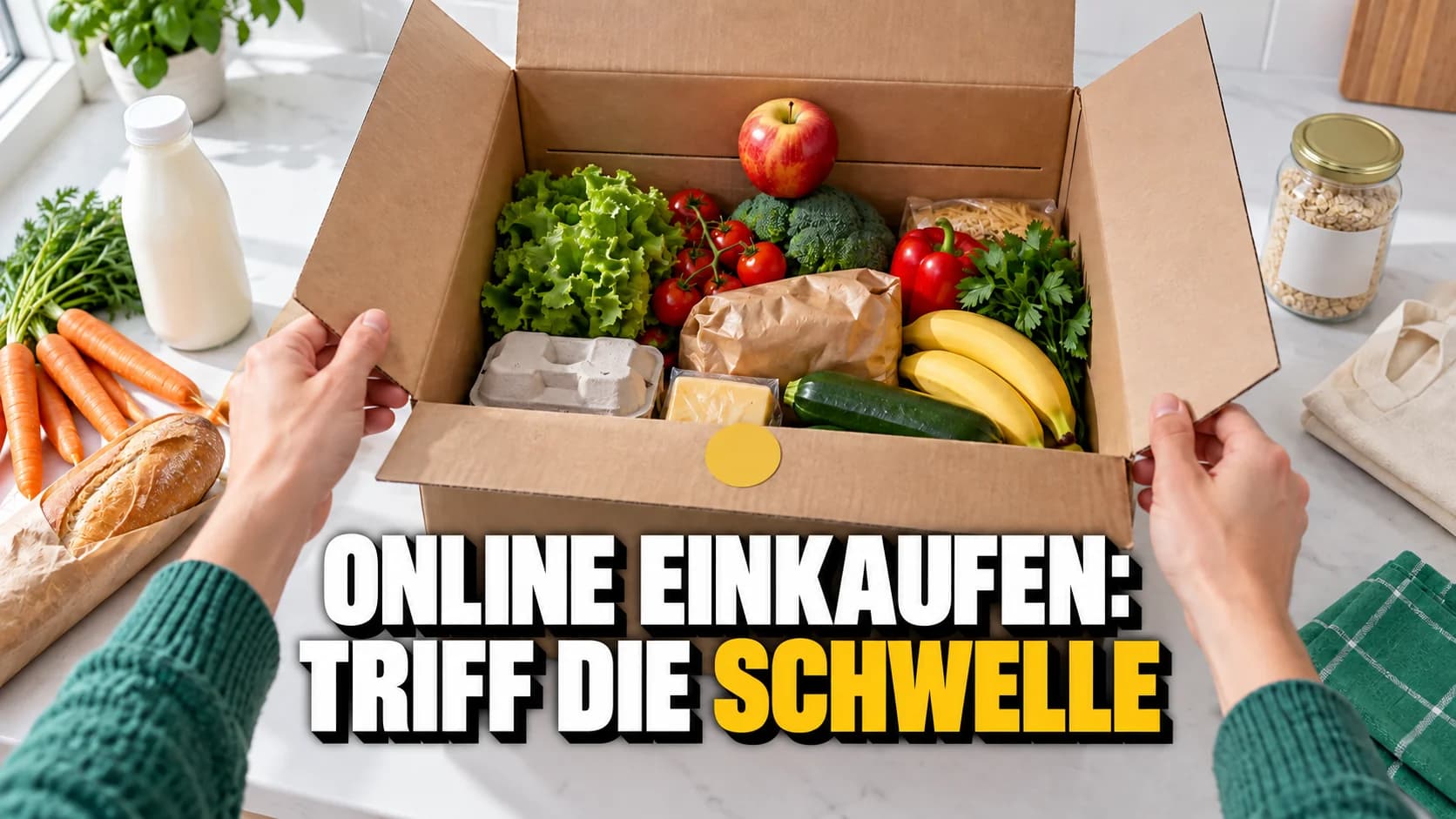 Hände öffnen eine Einkaufslieferung, die bis zu einer Markierung im Karton reicht.