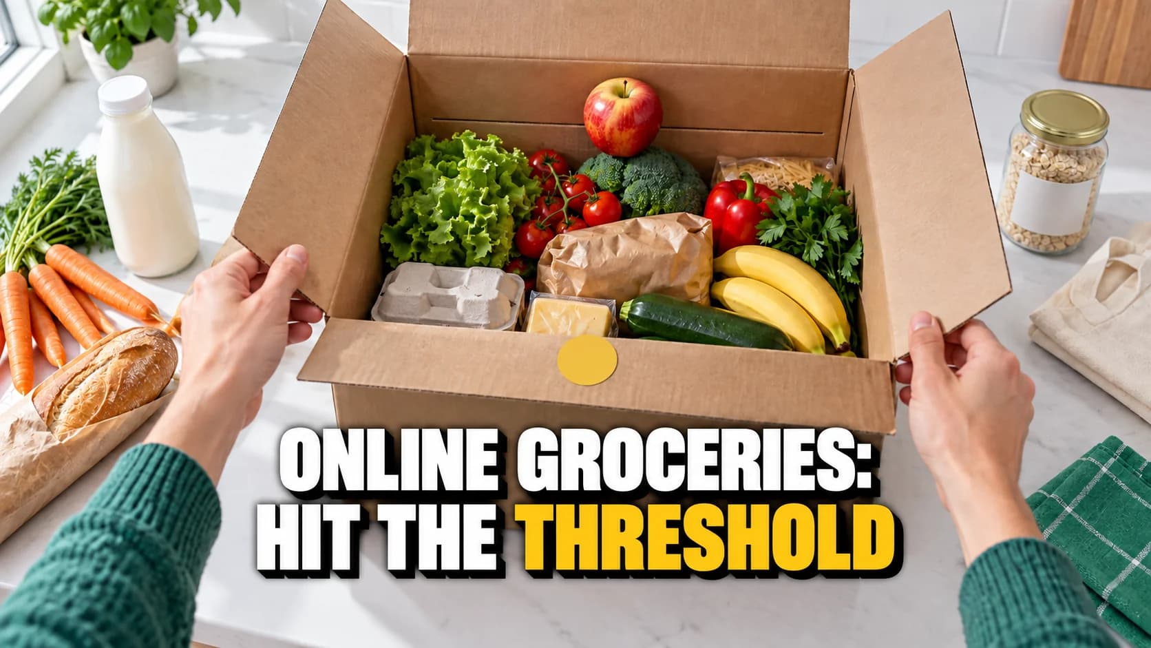 Hands open a grocery delivery filled precisely to a line inside the box.