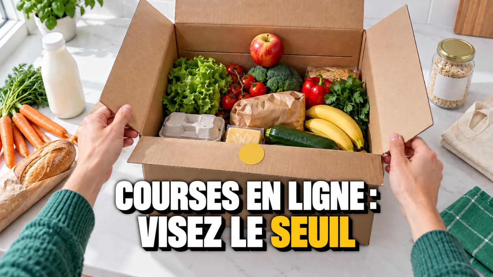 Des mains ouvrent une livraison de courses remplie jusqu'à un repère dans le carton.
