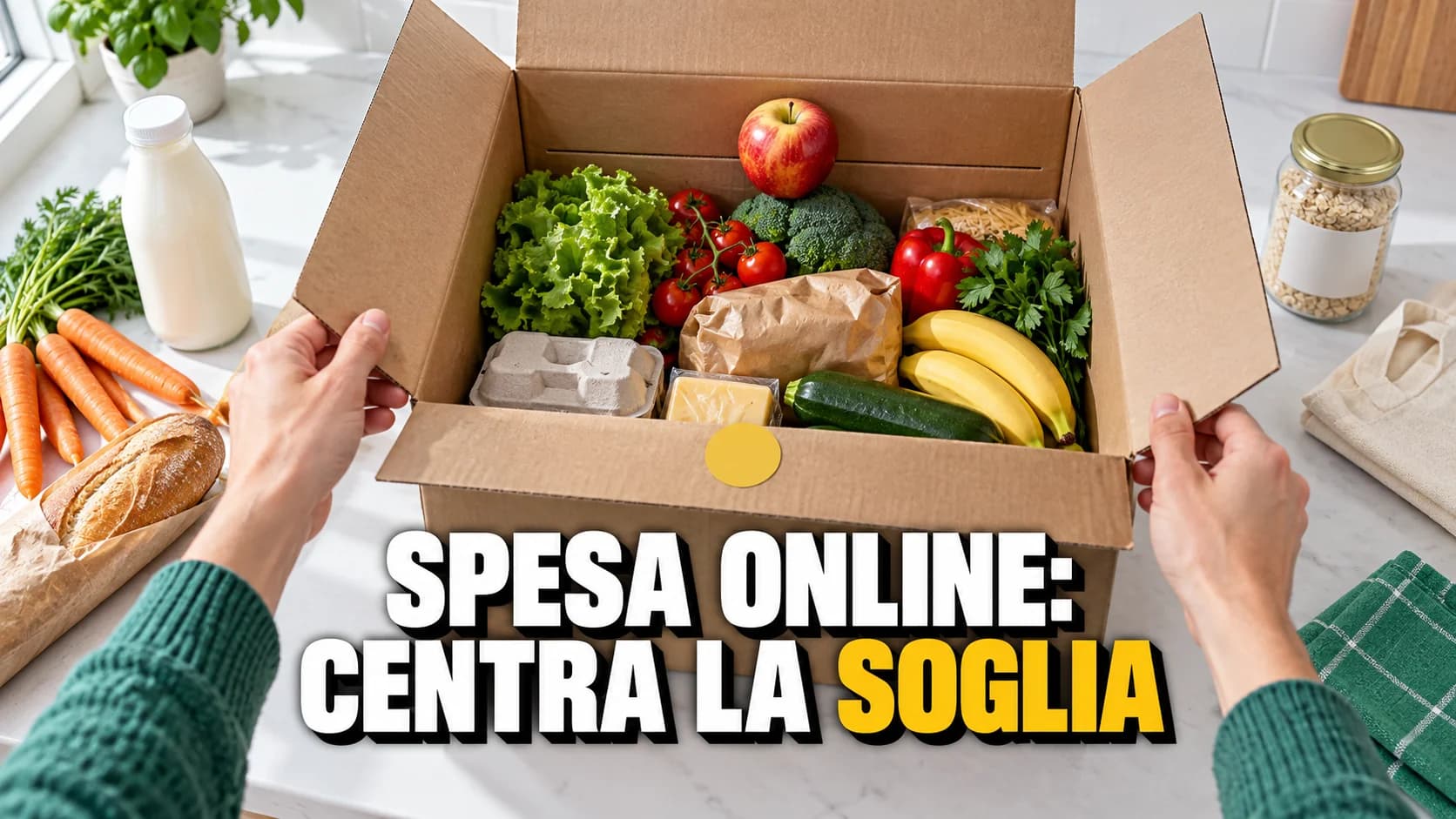 Vista in prima persona di due mani che aprono una scatola di consegna in cartone su un piano cucina, la spesa arriva esattamente a una linea impressa nella parete interna