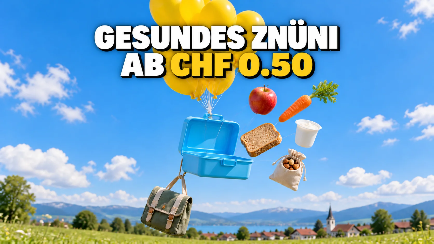 Offene Znünibox steigt an gelben Ballonen in den blauen Himmel, daneben schweben Apfel, Rüebli und Brot.