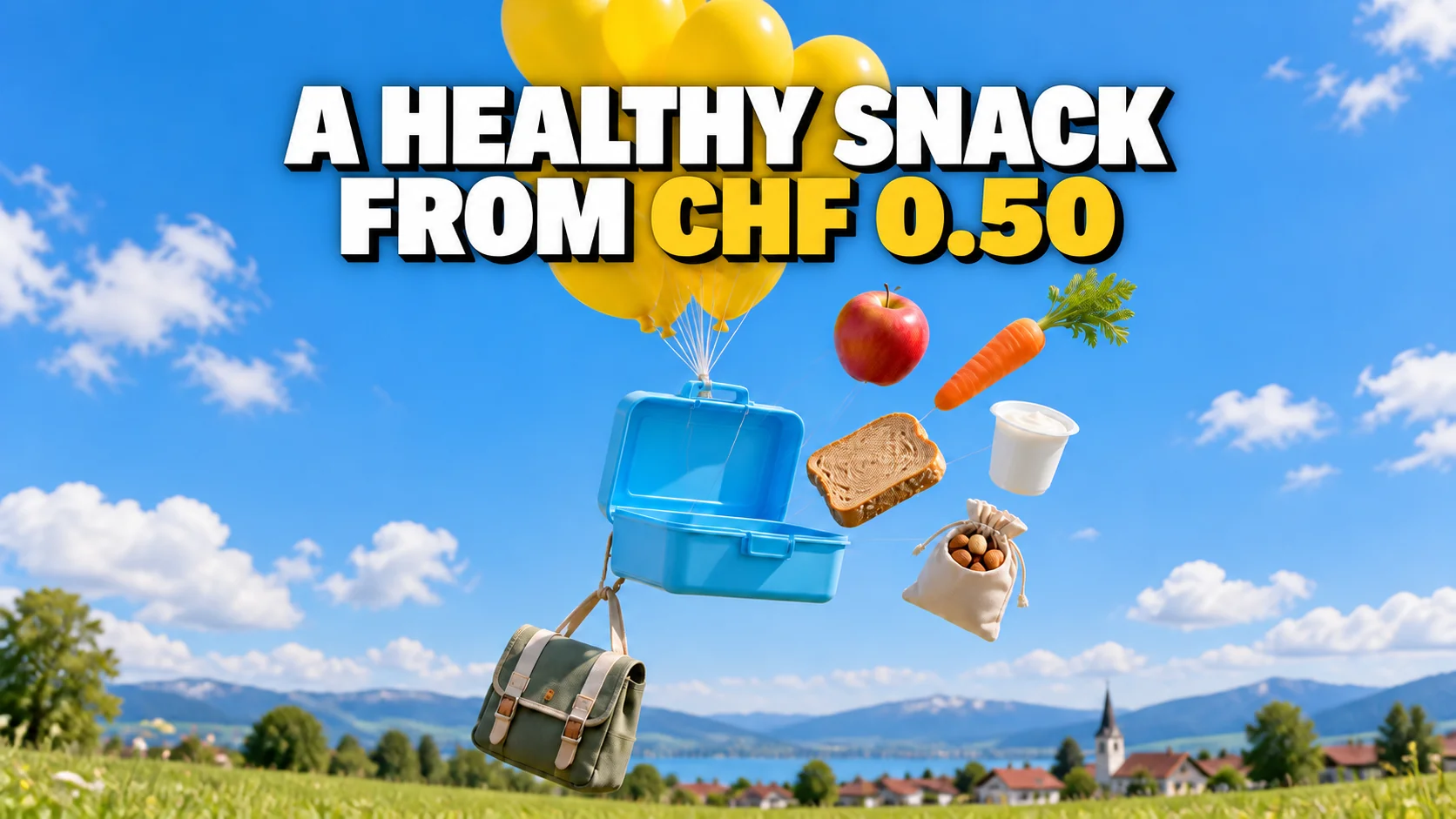 An open lunchbox rising into a blue sky on yellow balloons with an apple, a carrot and bread floating beside it.