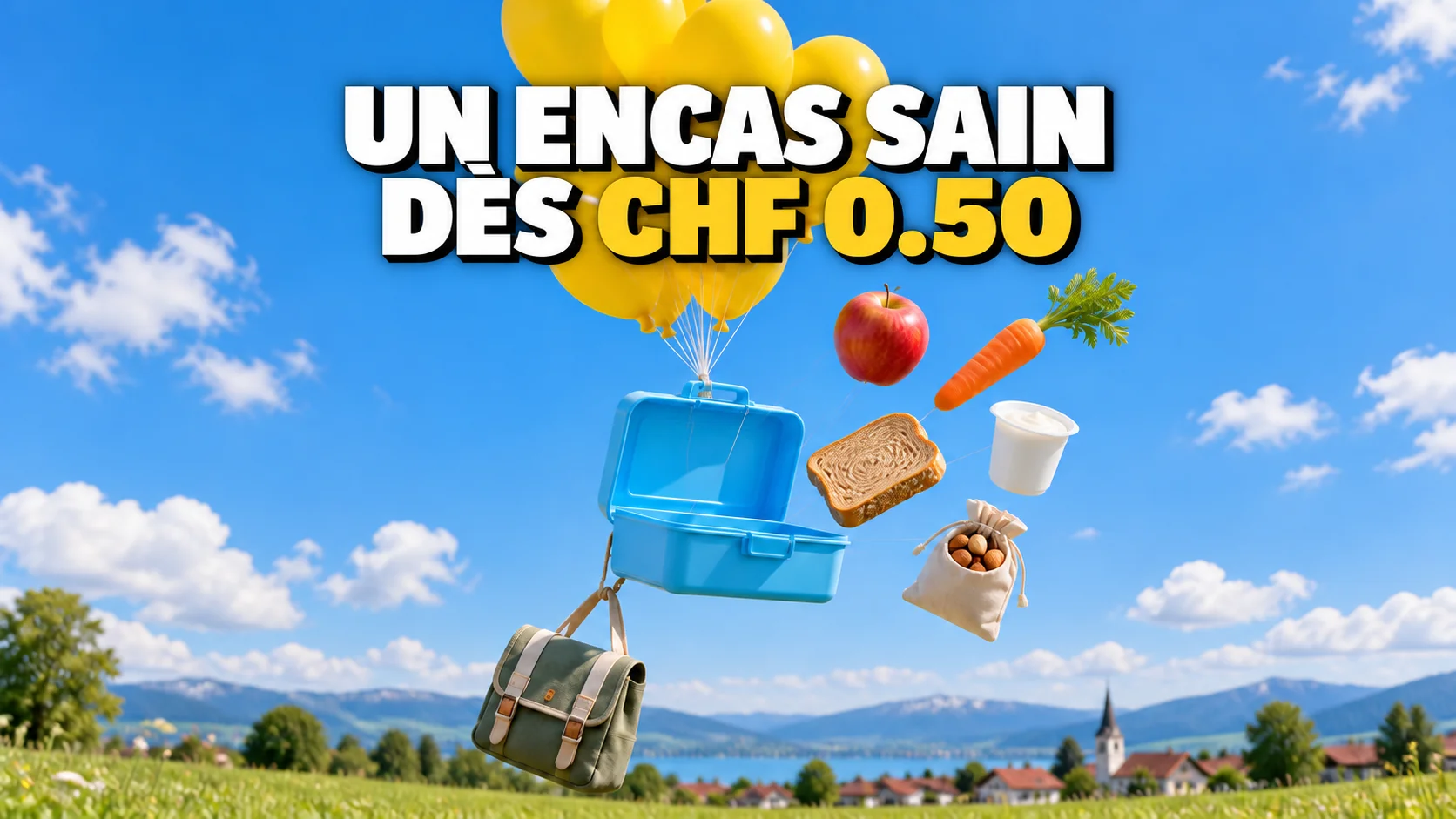 Boîte à goûter ouverte montant dans le ciel bleu portée par des ballons jaunes, pomme, carotte et pain flottant à côté.
