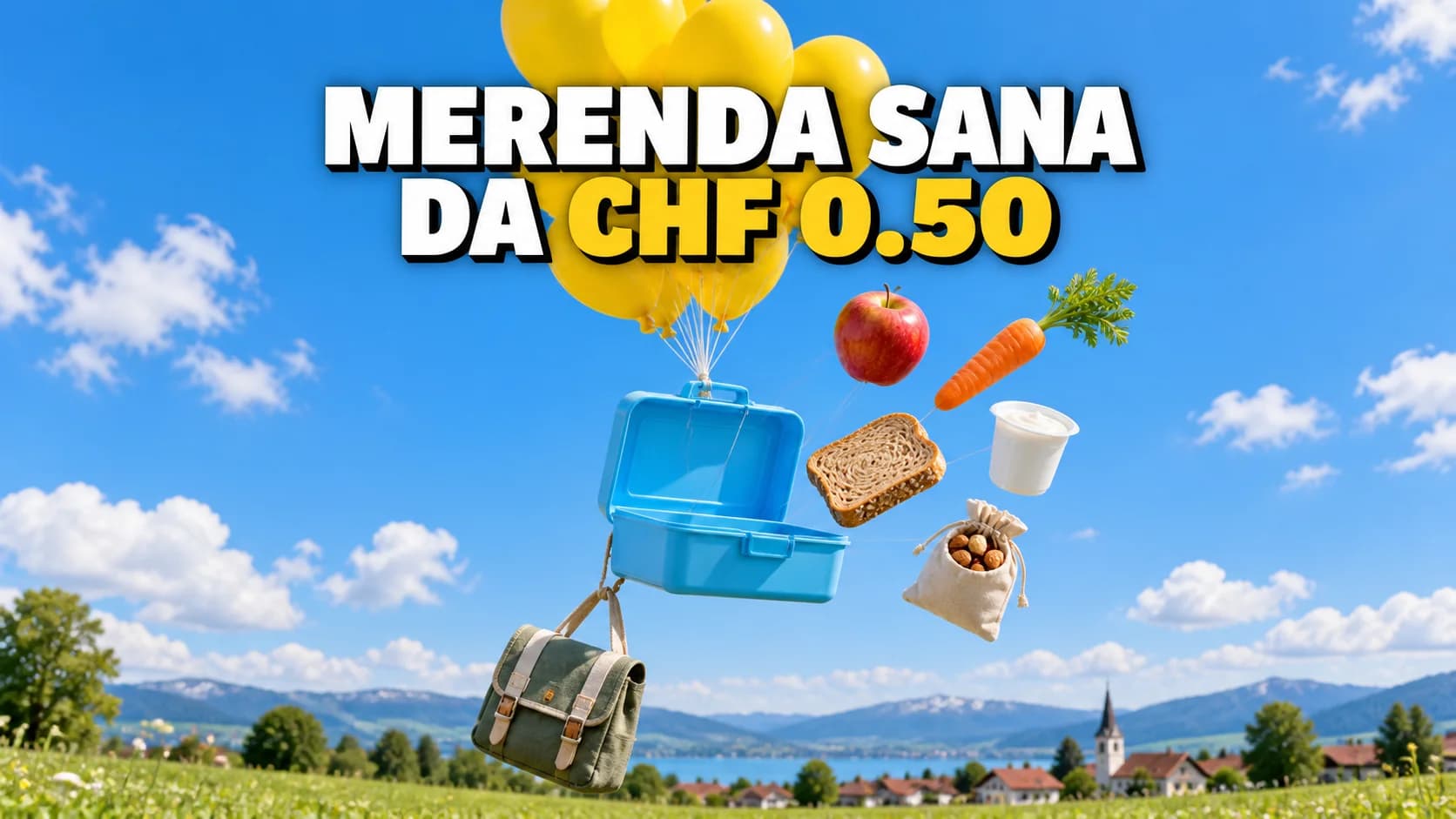 Portamerenda aperto che sale nel cielo azzurro con palloncini gialli, mela, carota e pane che fluttuano accanto.