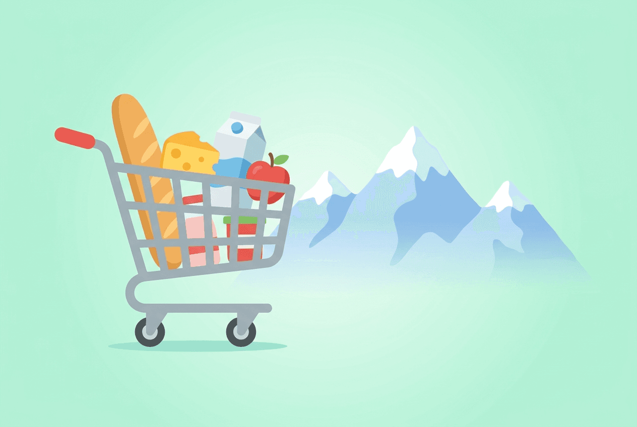 Illustrated overview of Switzerland's seven grocery chains grouped by type — two cooperatives, three discounters, a cash-and-carry and a bargain retailer, compared neutrally by Rappn.