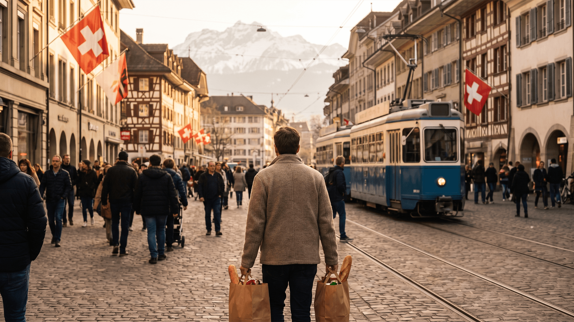 Illustrated overview of Switzerland's seven grocery chains grouped by type — two cooperatives, three discounters, a cash-and-carry and a bargain retailer, compared neutrally by Rappn.