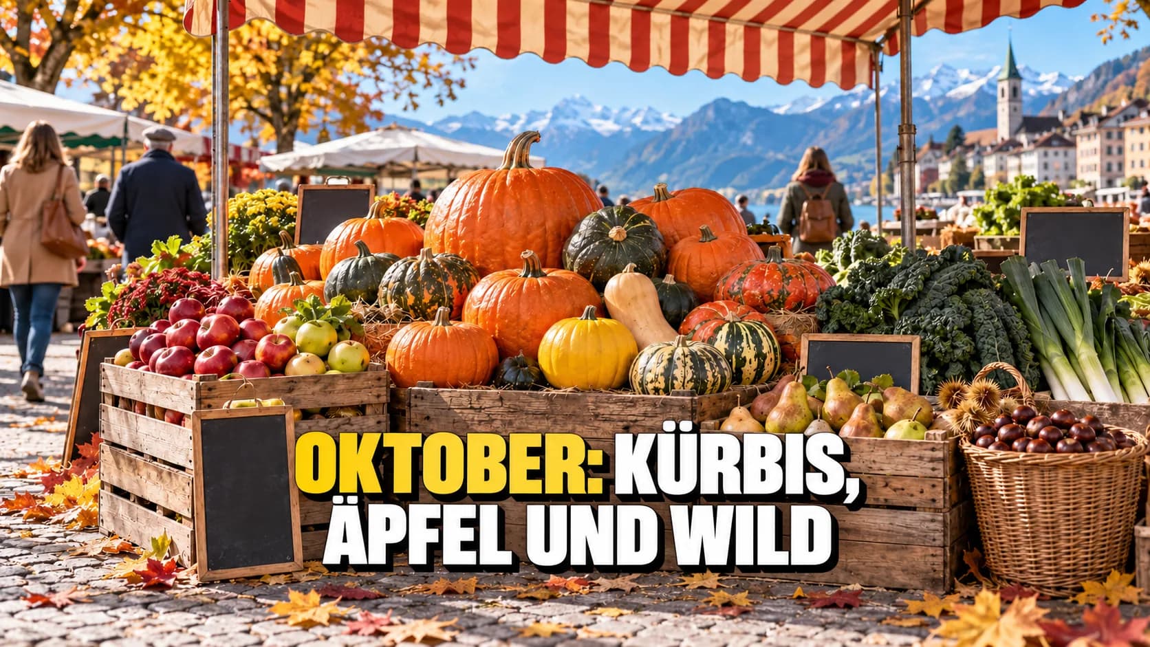 Marktstand im Oktober mit Kürbissen, Äpfeln, Marroni und Herbstgemüse