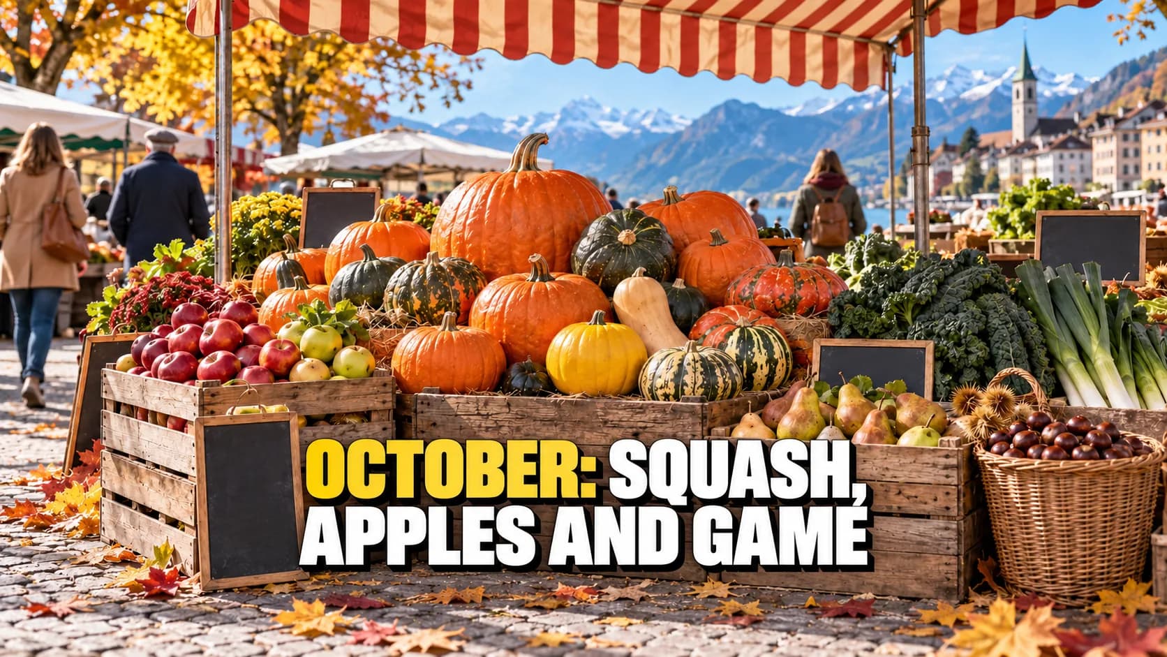 Market stall in October with squash, apples, chestnuts and autumn vegetables