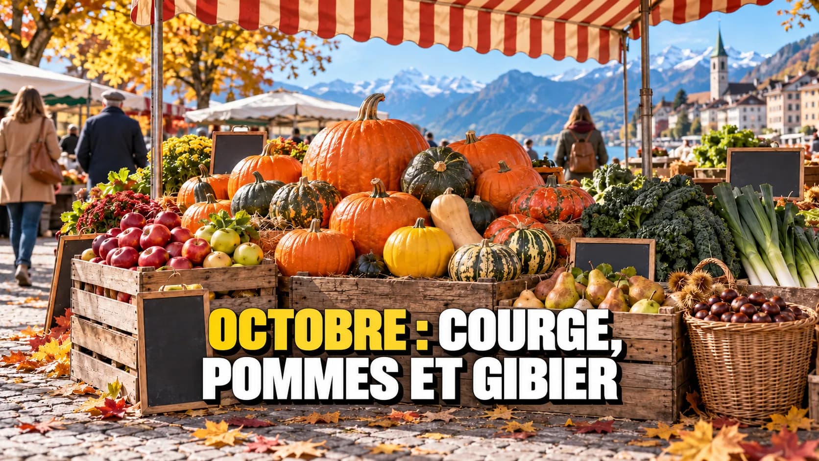 Étal de marché en octobre avec courges, pommes, châtaignes et légumes d’automne