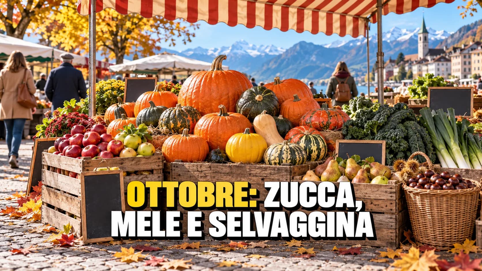 Bancarella di mercato in ottobre con zucche, mele, castagne e verdure d’autunno