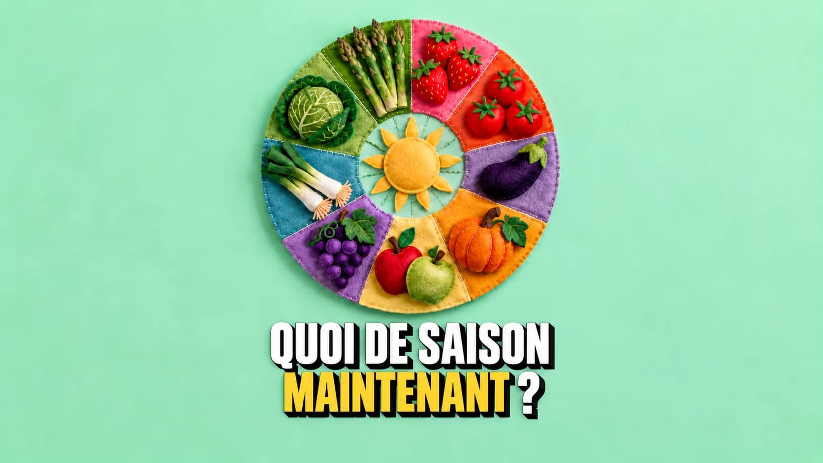 Roue des saisons composée de fruits et légumes en feutre et laine sur fond clair.