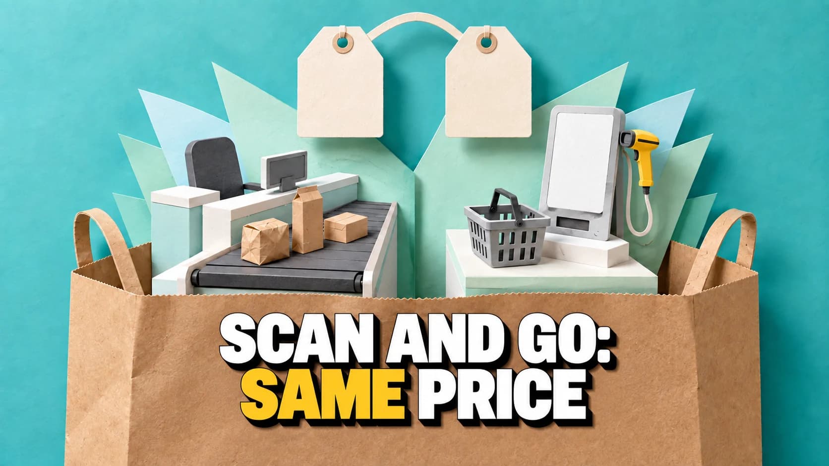 Paper pop-up with a staffed checkout and self-checkout beneath two identical blank tags.