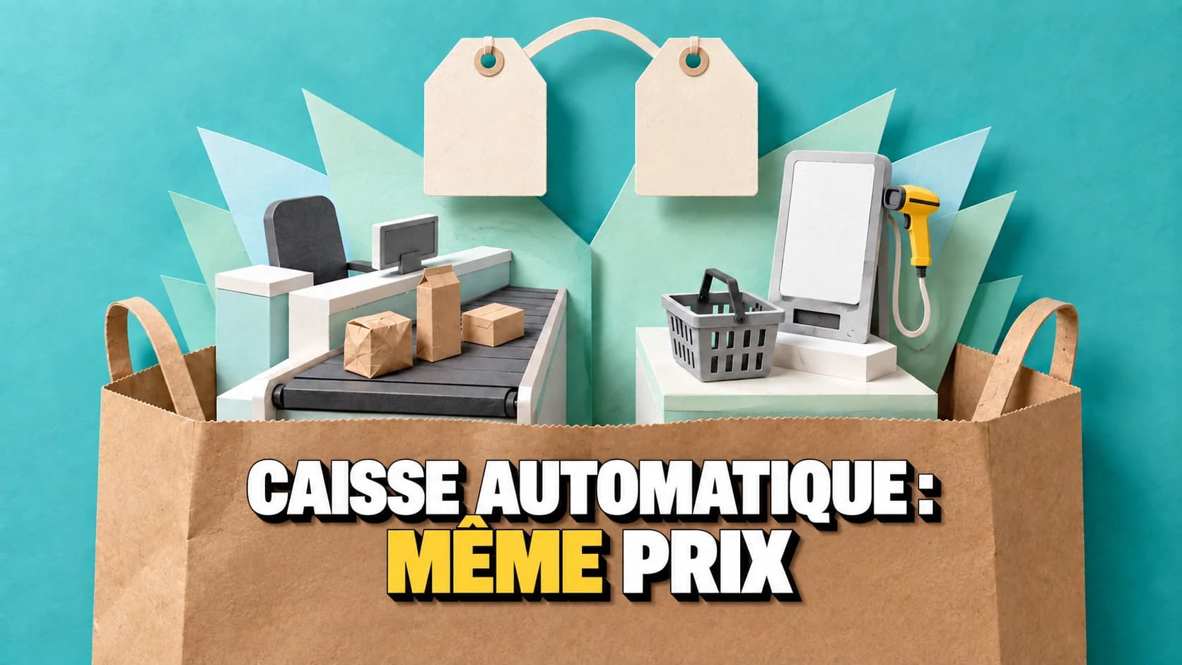 Pop-up avec caisse classique et caisse libre-service sous deux étiquettes vierges identiques.