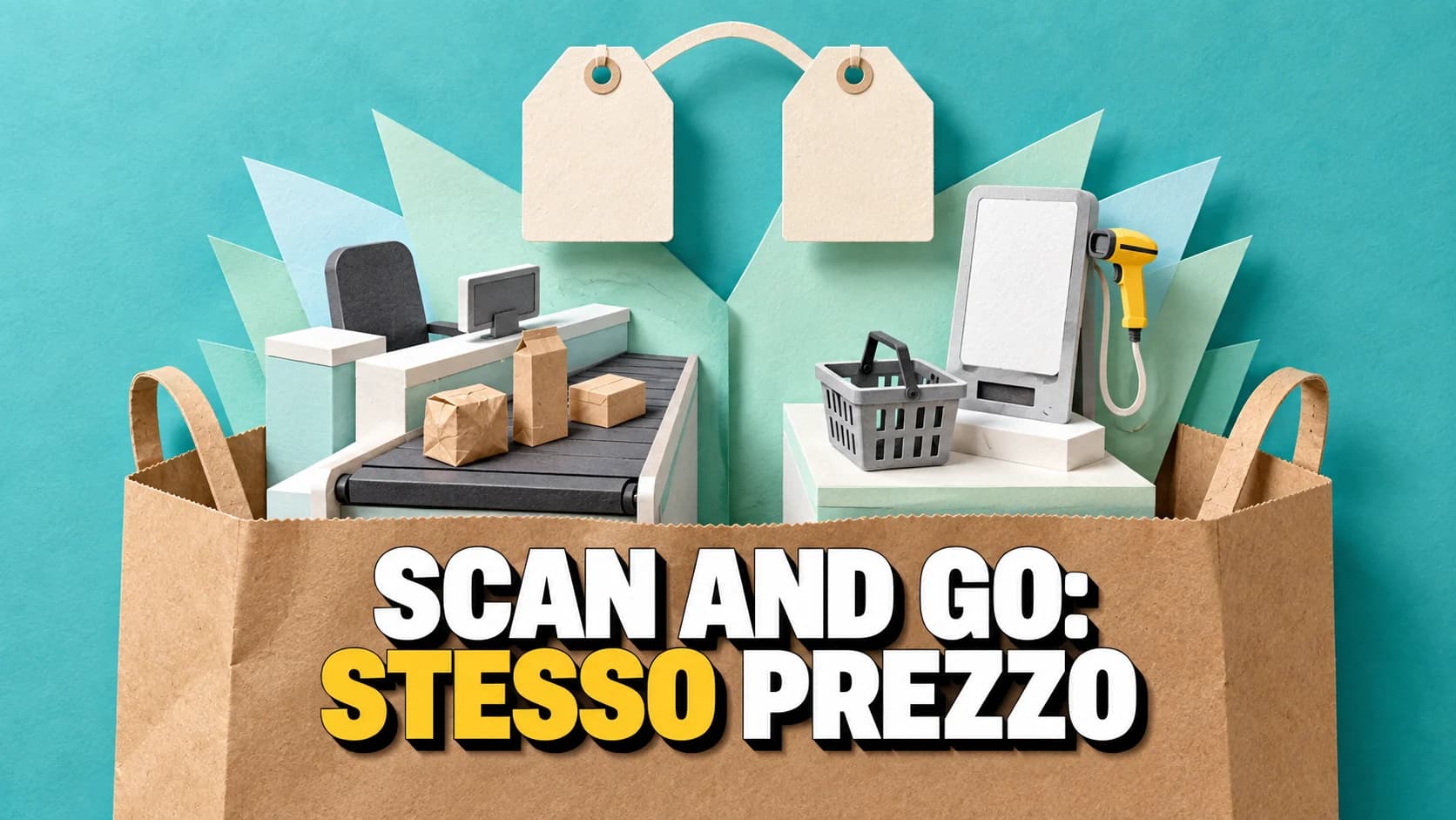 Pop-up di carta con due casse affiancate, una con nastro e bancone e una self-service con terminale bianco e lettore giallo, sopra due cartellini identici uniti da un ponticello di carta
