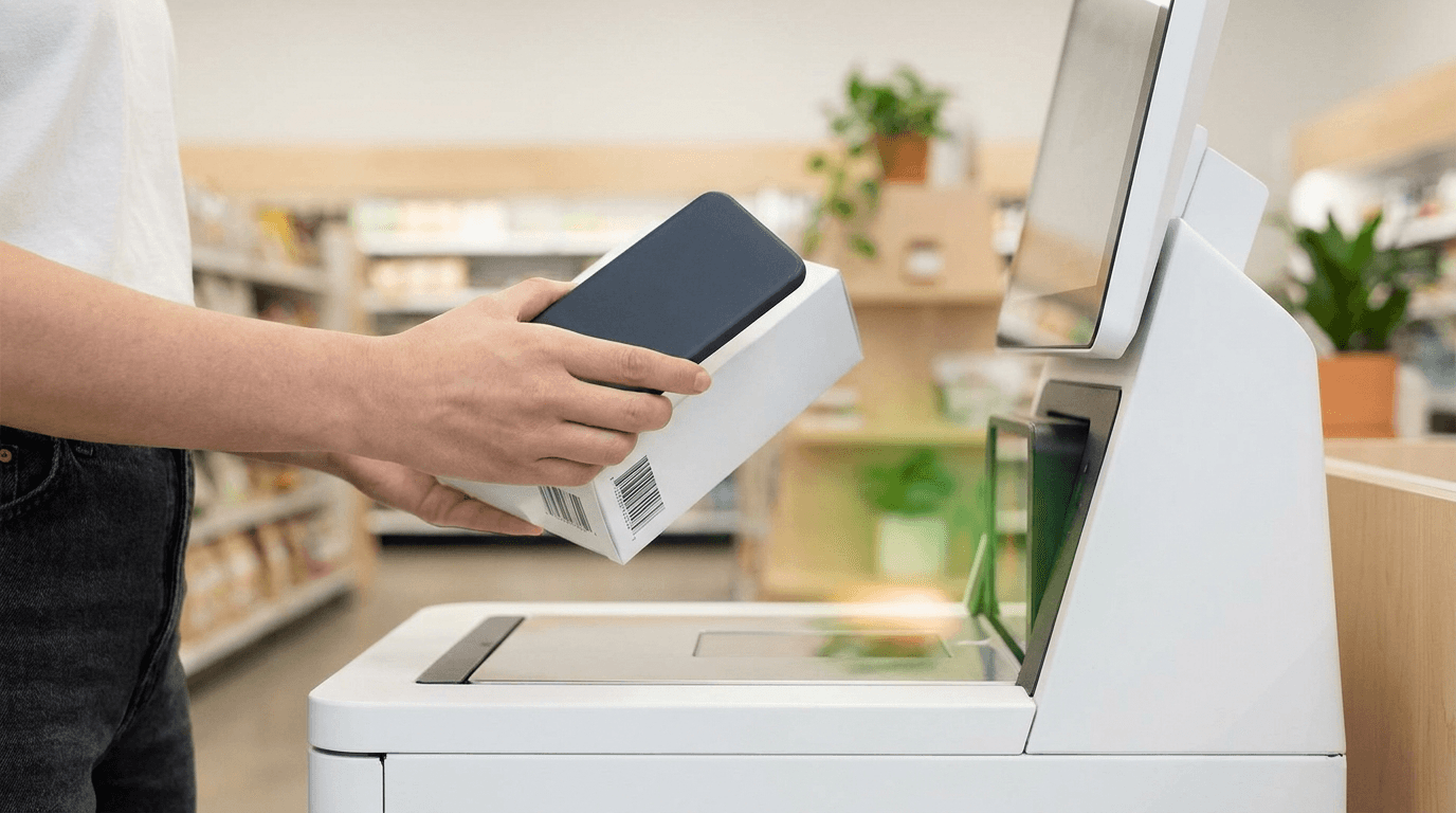 Kundin scannt Lebensmittel per Smartphone mit Migros Subito und Coop passabene an einer Self-Checkout-Kasse in der Schweiz