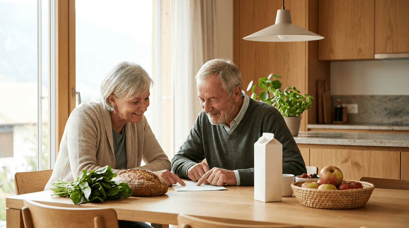 A retired couple reviewing a grocery shopping list together at a bright kitchen table with a few simple groceries, planning a budget-friendly weekly shop in Switzerland