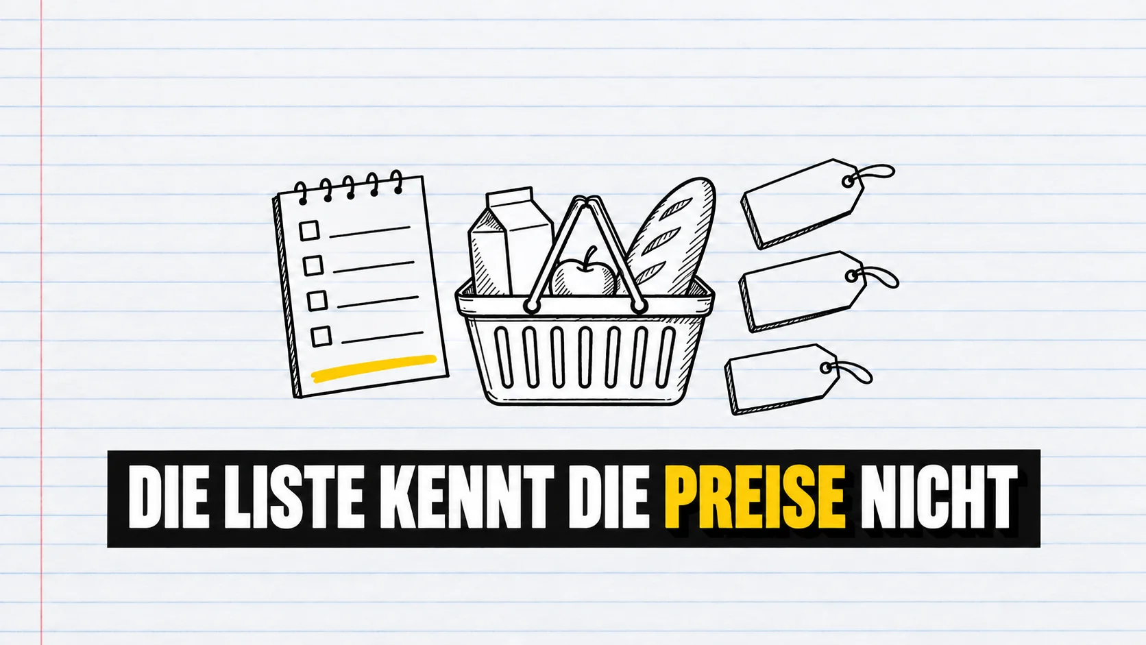 Zeichnung eines Korbs, einer leeren Liste und dreier Schilder auf liniertem Papier.