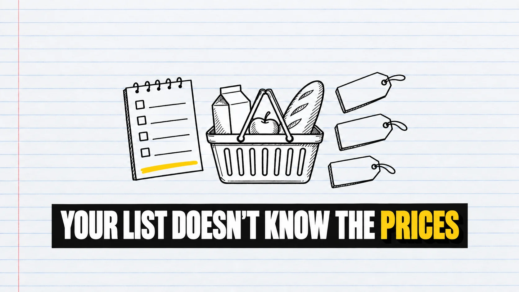 Drawing of a basket, blank list and three tags on ruled paper.