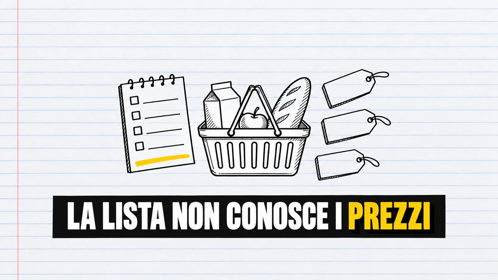 Disegno di cestino, lista vuota e tre cartellini su carta a righe.