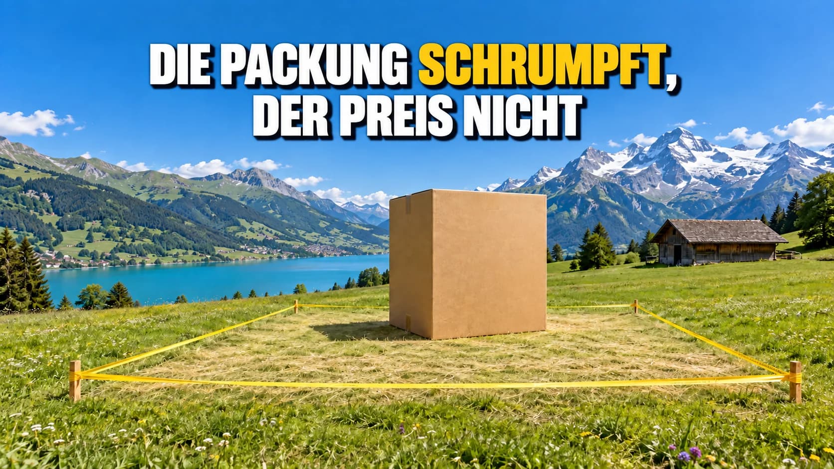 Eine grosse unbedruckte Kartonschachtel auf einer Alpwiese, ein gelbes Band markiert im Gras einen deutlich breiteren Umriss.