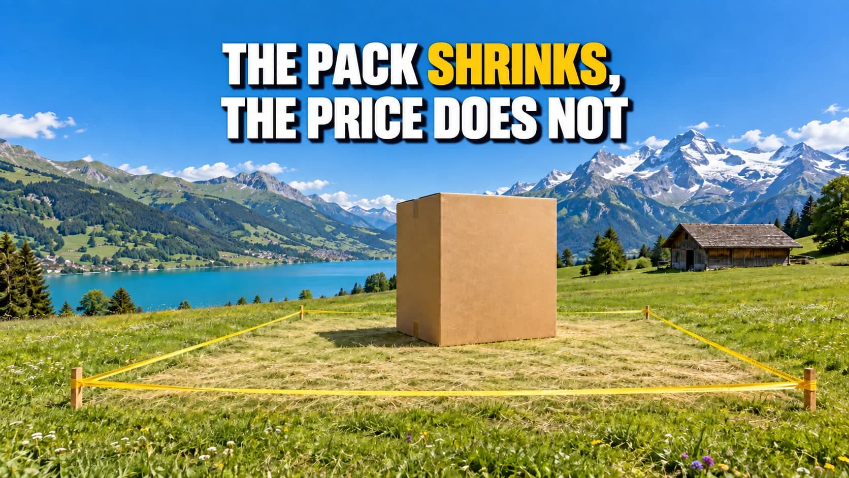 A large blank cardboard box in an alpine meadow, a yellow ribbon marking a much wider outline in the grass.