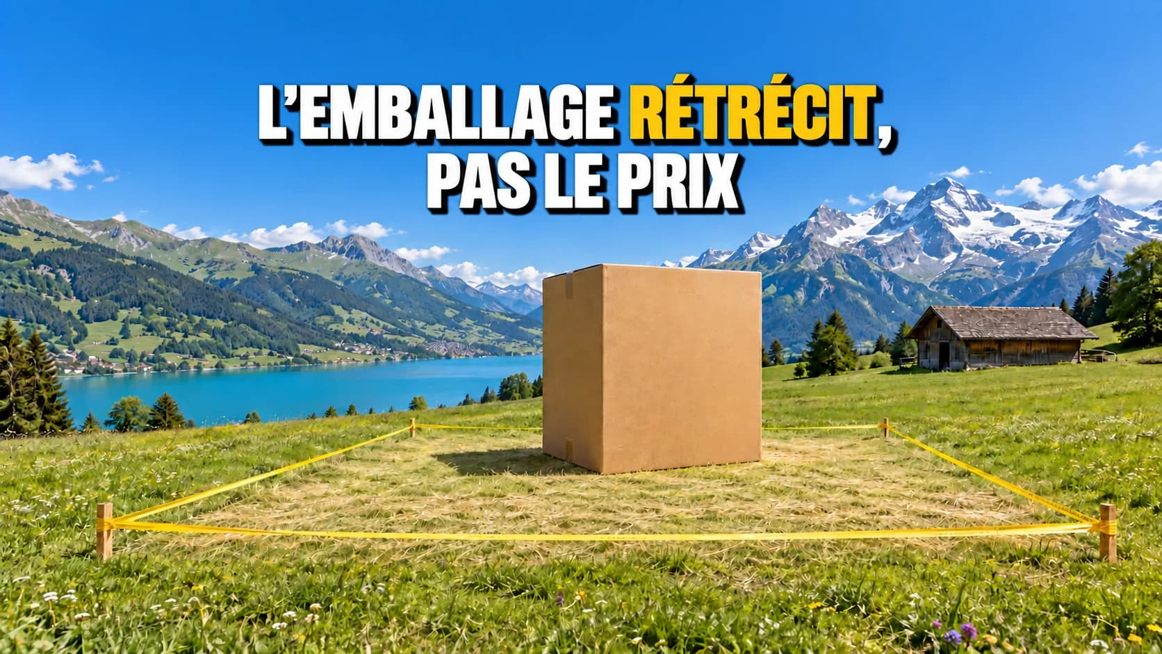 Un grand carton sans inscription dans un pré alpin, un ruban jaune traçant dans l’herbe un contour bien plus large.