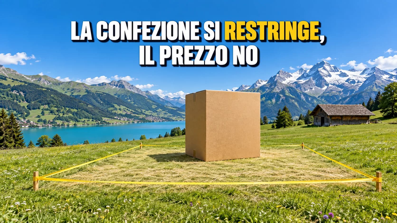 Grande scatola di cartone senza scritte in un prato alpino, con un nastro giallo che segna nell’erba un contorno molto più largo.