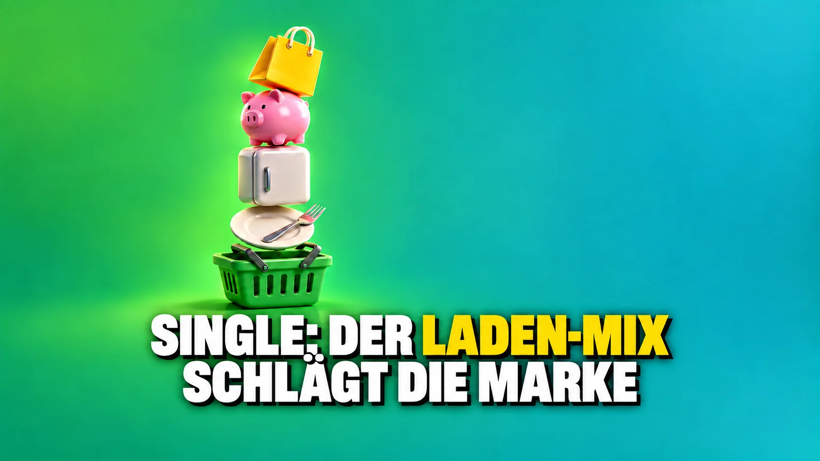 Glänzende 3D-Symbole mit Einkaufskorb, Teller, kleinem Kühlschrank, Sparschwein und gelber Tasche.