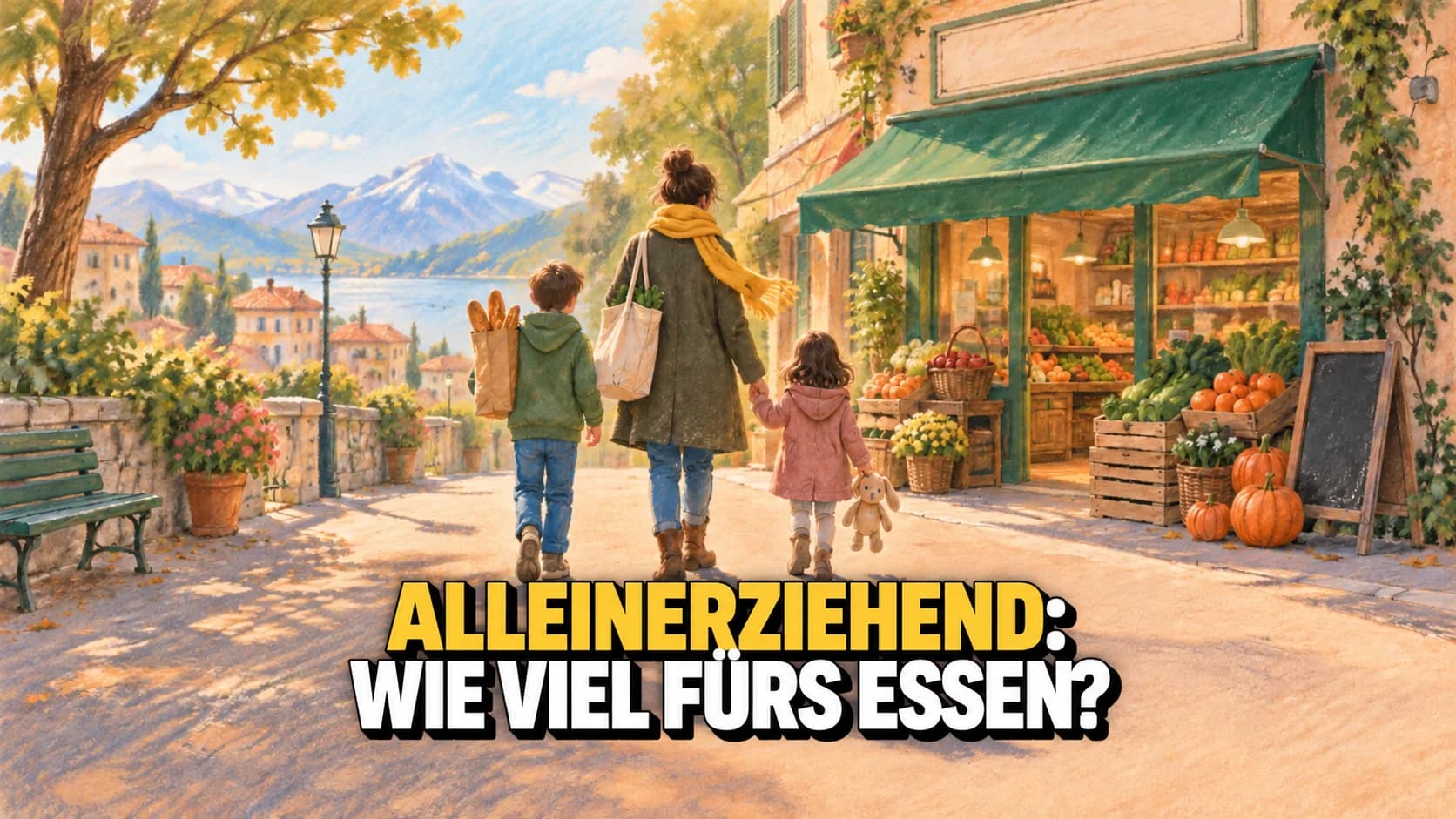 Pastellillustration einer erwachsenen Person mit zwei Kindern, von hinten gesehen, auf dem Weg zu einem kleinen Lebensmittelladen