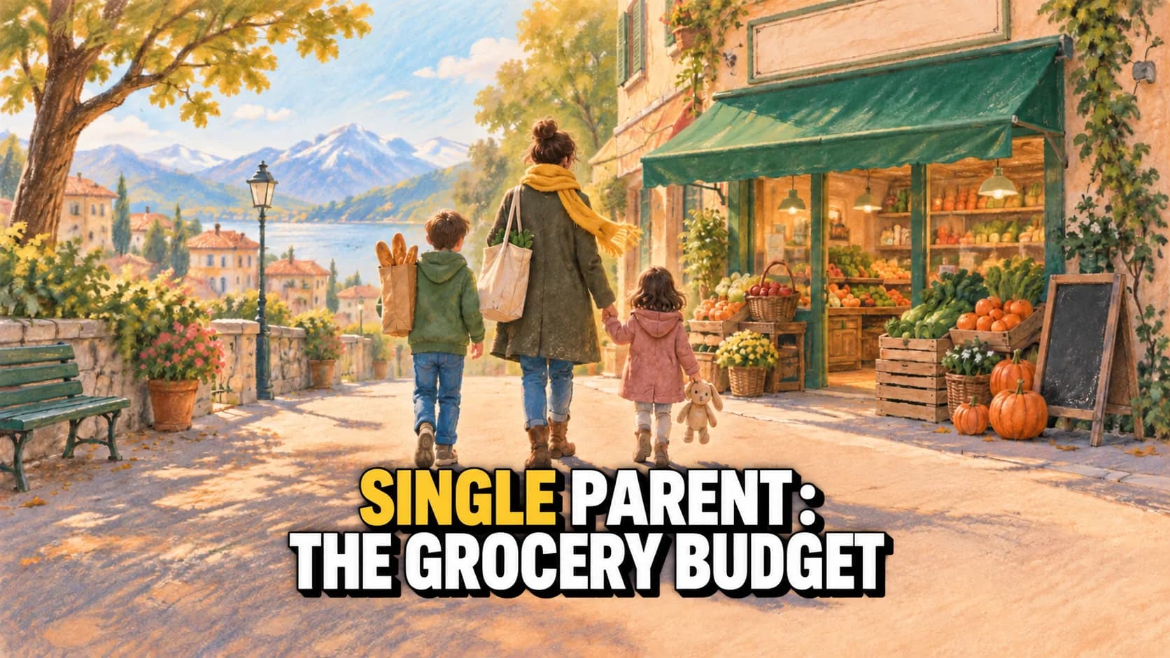 Pastel illustration of an adult with two children, seen from behind, walking towards a small grocery shop