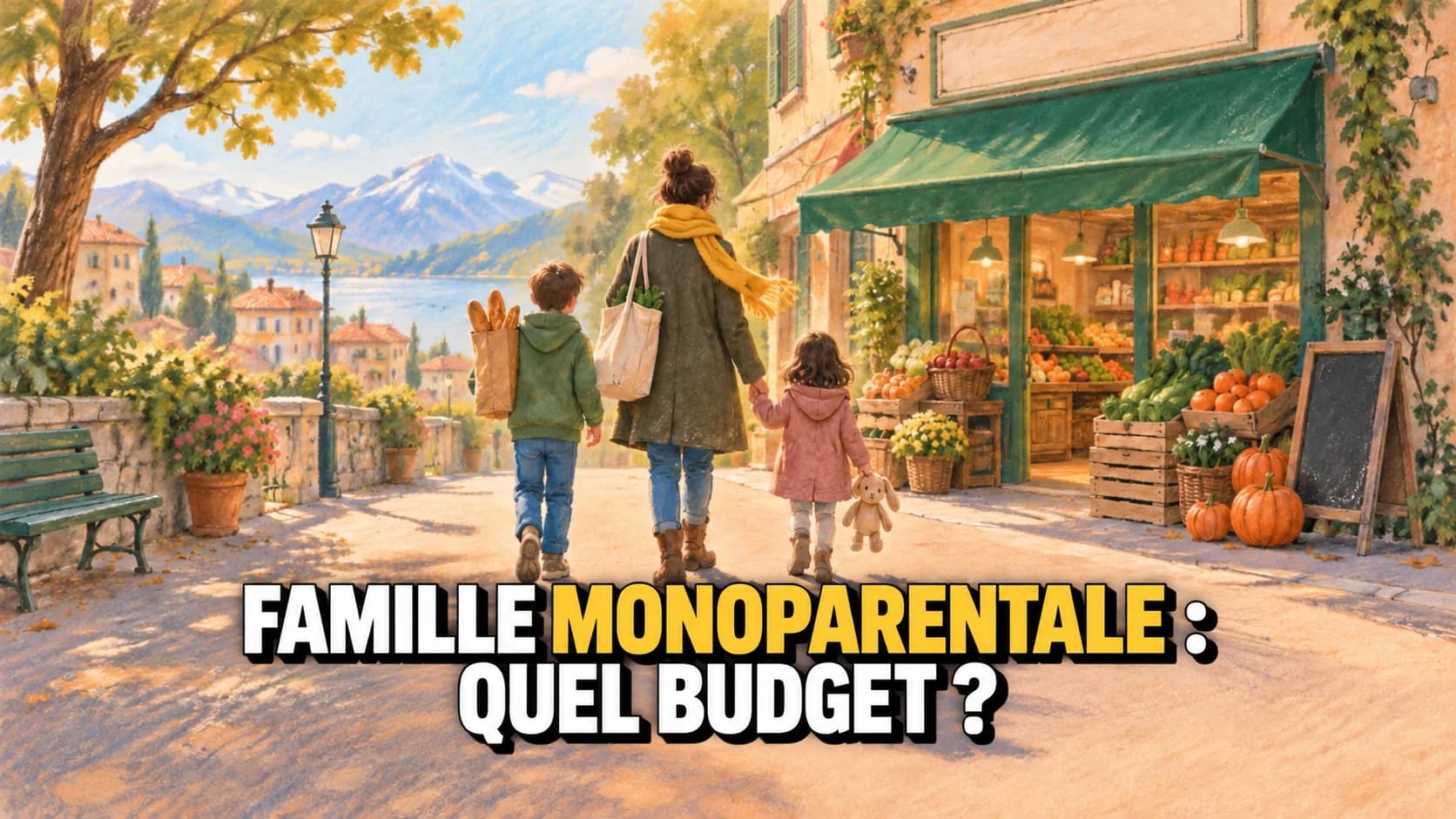 Illustration au pastel d’un adulte avec deux enfants, vus de dos, qui marchent vers une petite épicerie