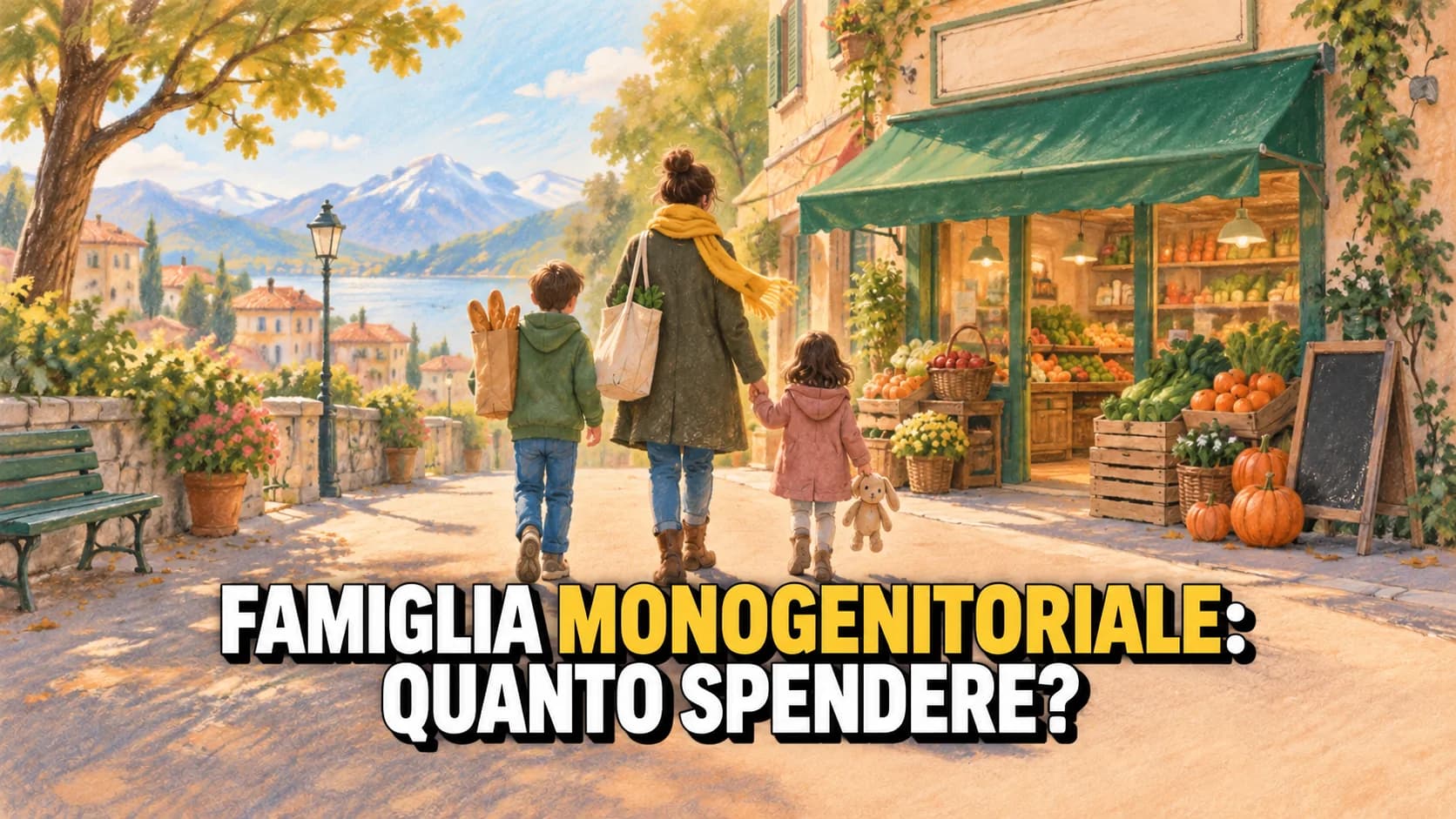 Illustrazione a pastello di un adulto con due bambini, visti di spalle, che vanno verso un piccolo negozio di alimentari