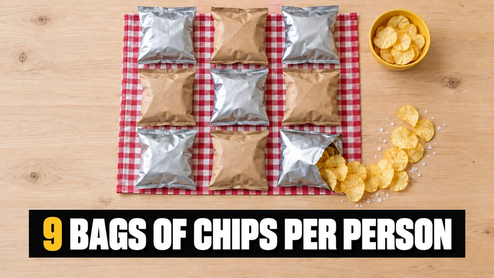 Nine unbranded crisp bags arranged in a grid with a bowl and scattered crisps.