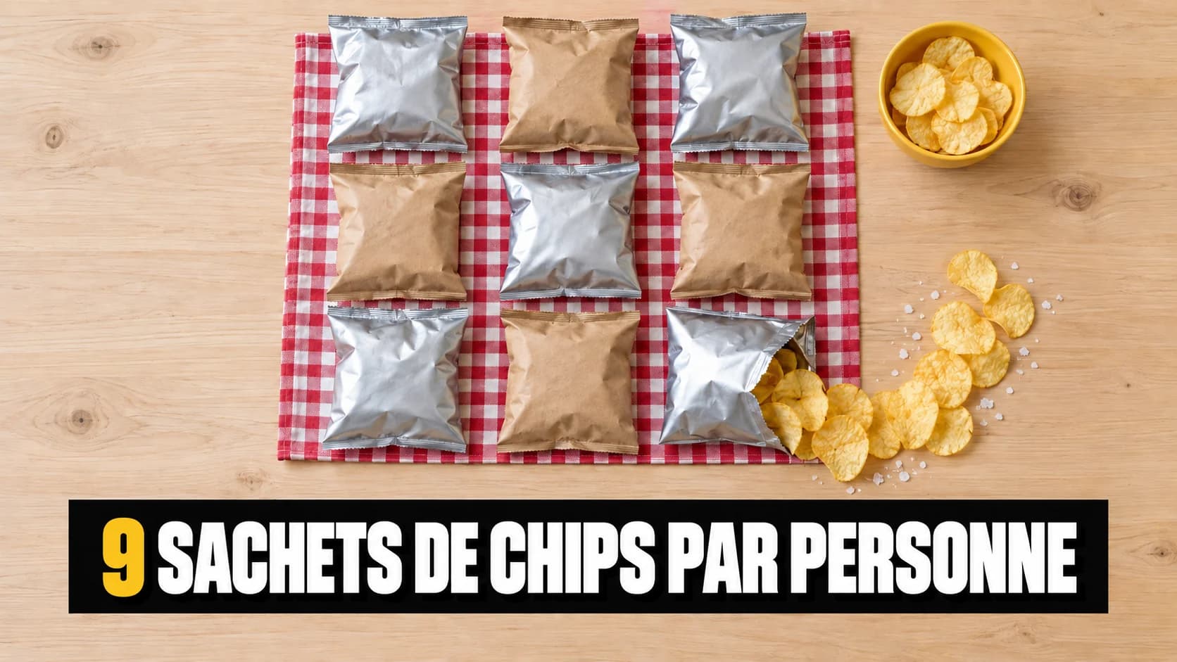 Neuf sachets de chips sans marque disposés en grille, avec un bol et des chips.