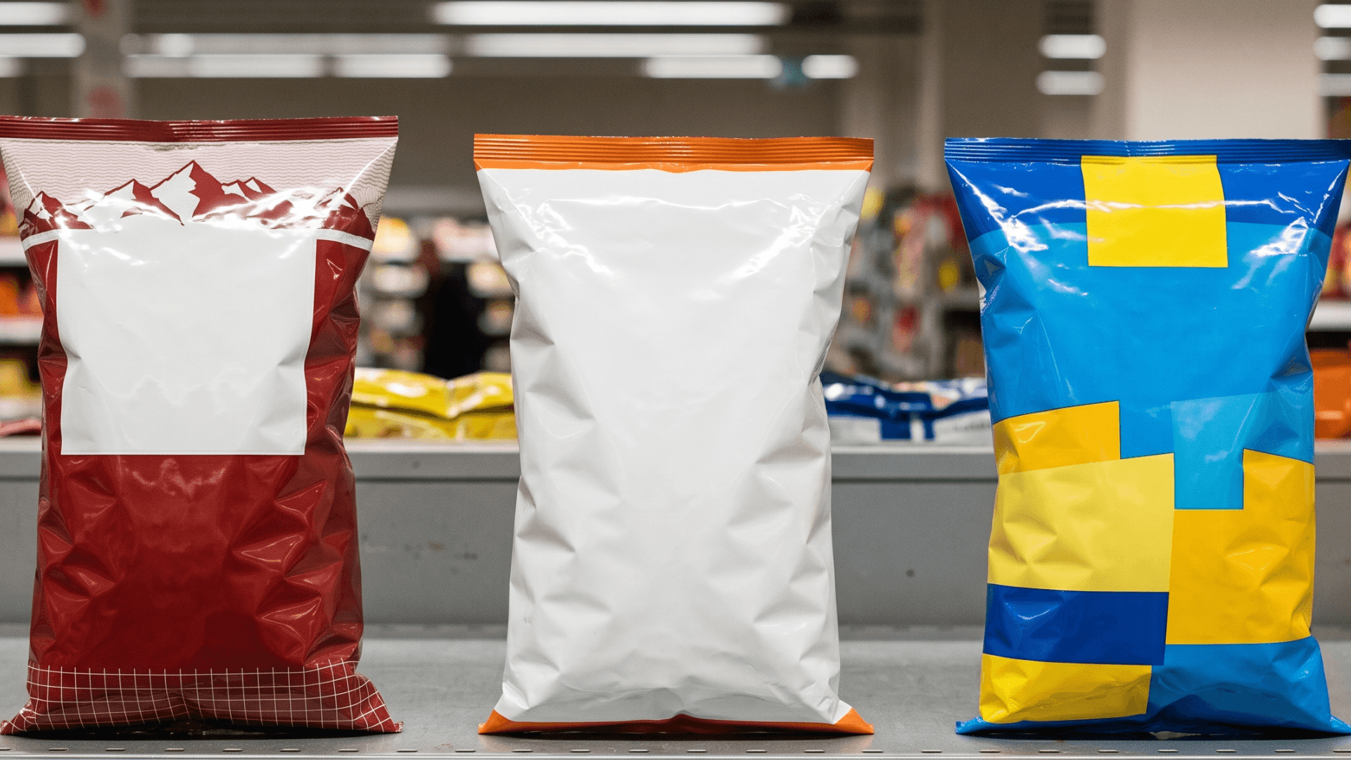 Zweifel paprika bag, Migros M-Classic chips bag and Lidl Snack Day bag side by side on a Swiss supermarket shelf