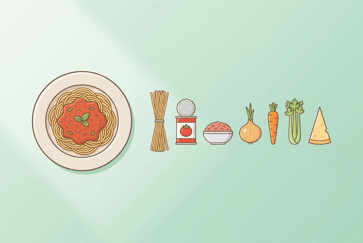 Teller Spaghetti Bolognese mit den Grundzutaten – Hackfleisch, Teigwaren, Passata, Zwiebel, Rüebli und Sellerie – auf einem Küchentisch.
